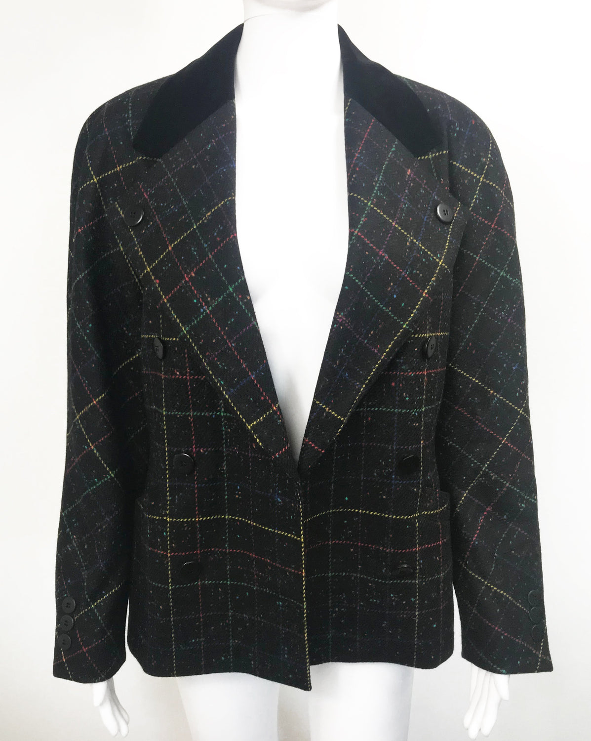 FRUIT Vintage Escada 1980s traditional style wool tweed blazer with standout rainbow checks. Features two front pockets and a classic velvet contrast collar.