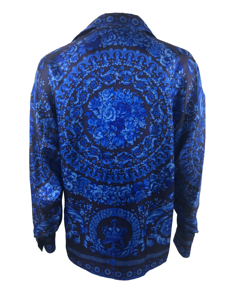 Fruit Vintage Gianni Versace Blue Baroque Print Silk Shirt Blouse