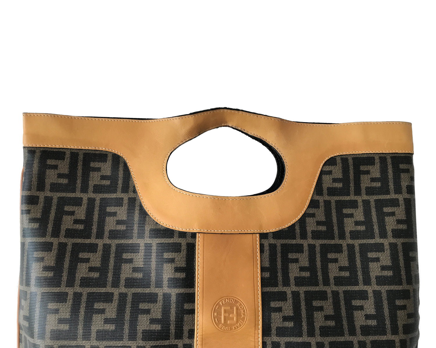 Fruit Vintage Fendi fold over convertible clutch tote bag in the iconic Fendi Zucca monogram canvas with Fendi Logo stamp.
