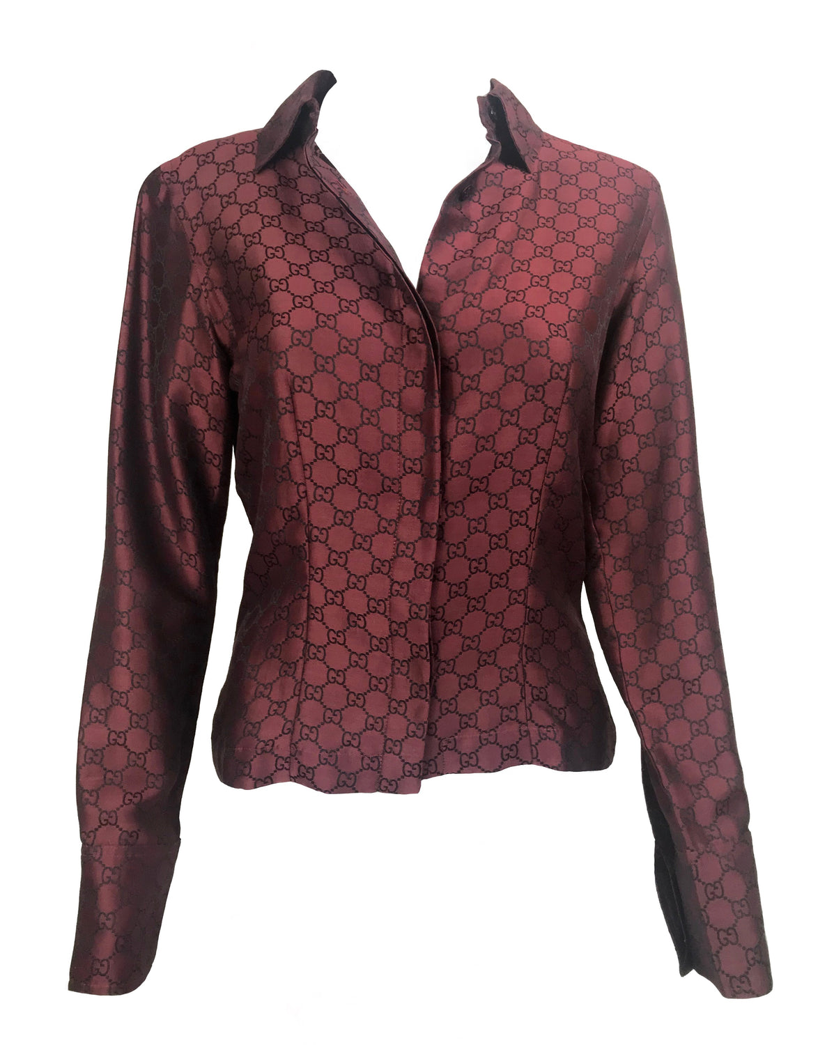 FRUIT vintage Gucci silk shirt designed by Tom Ford dating to the late 1990s. It features a classic Gucci monogram logo print all over in red/black contrast print and a tailored fitted shape.