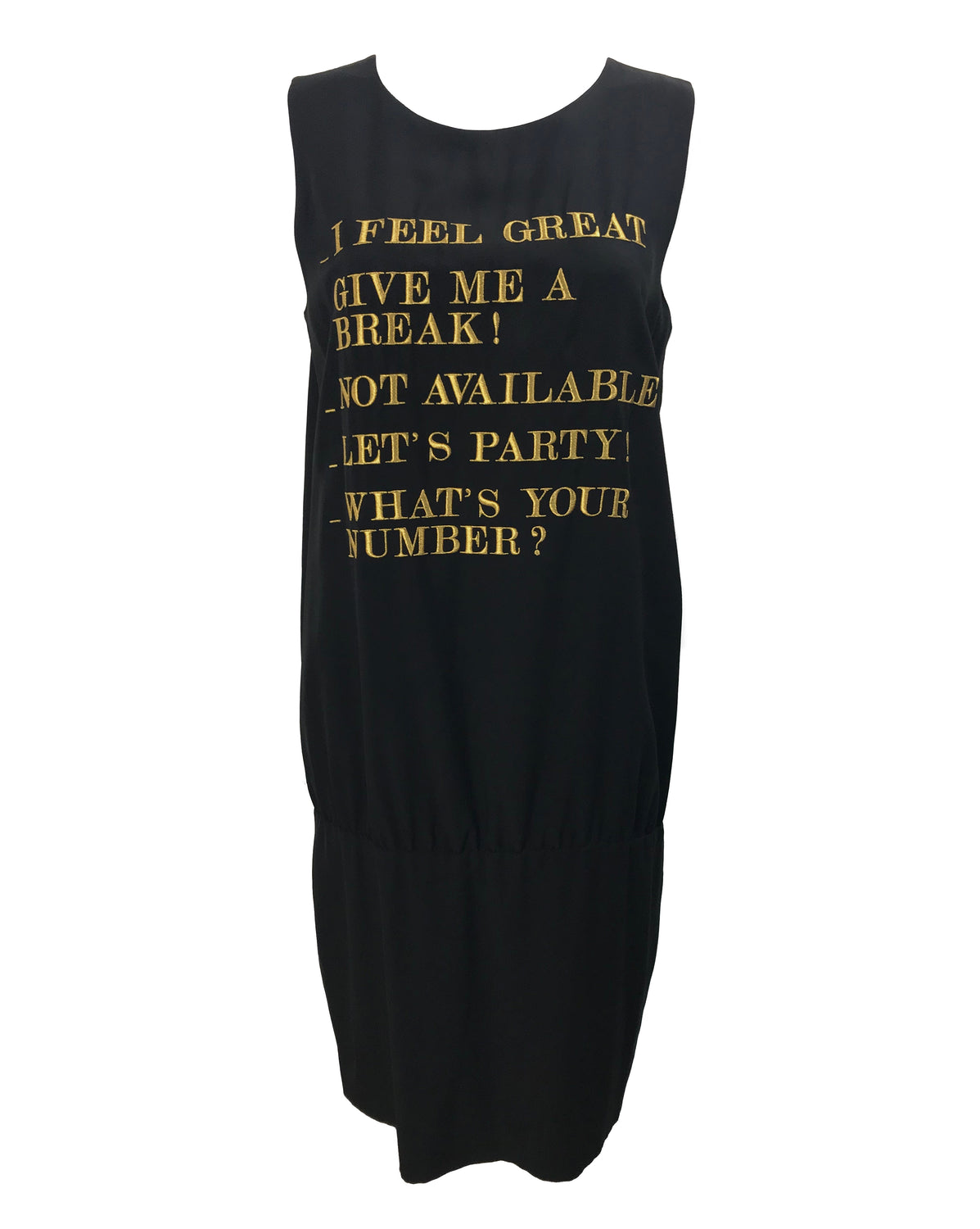Fruit Vintage Moschino Text Slogan Dress Black Gold Embroidery
