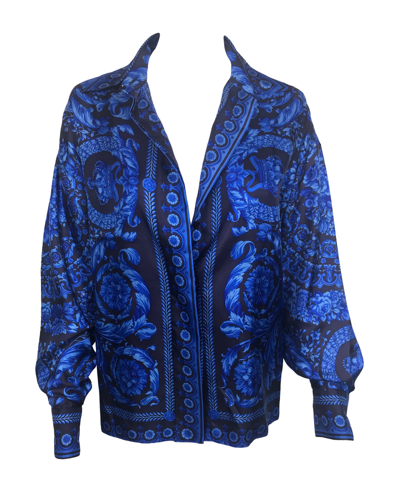 Fruit Vintage Gianni Versace Blue Baroque Print Silk Shirt Blouse