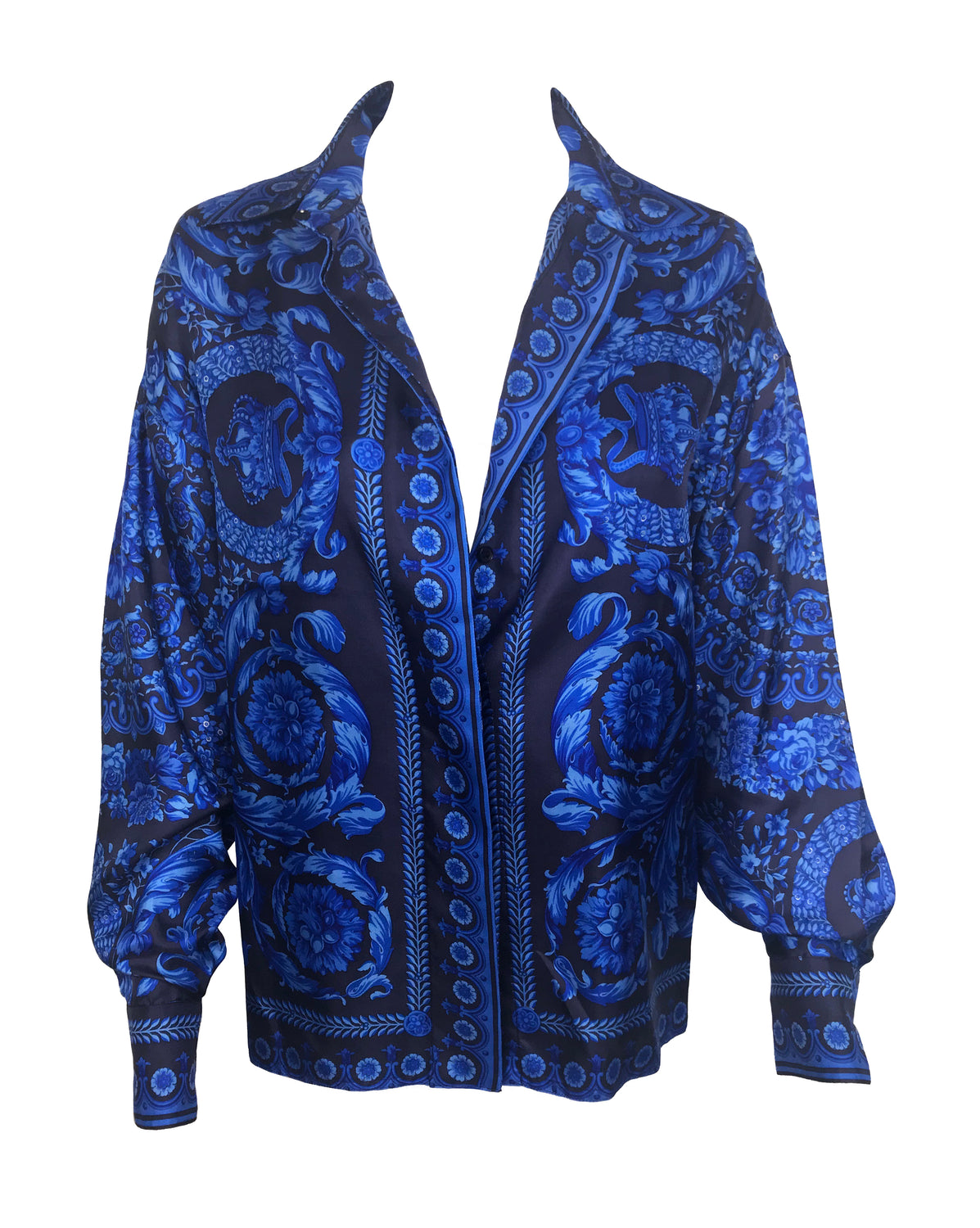 Fruit Vintage Gianni Versace Blue Baroque Print Silk Shirt Blouse