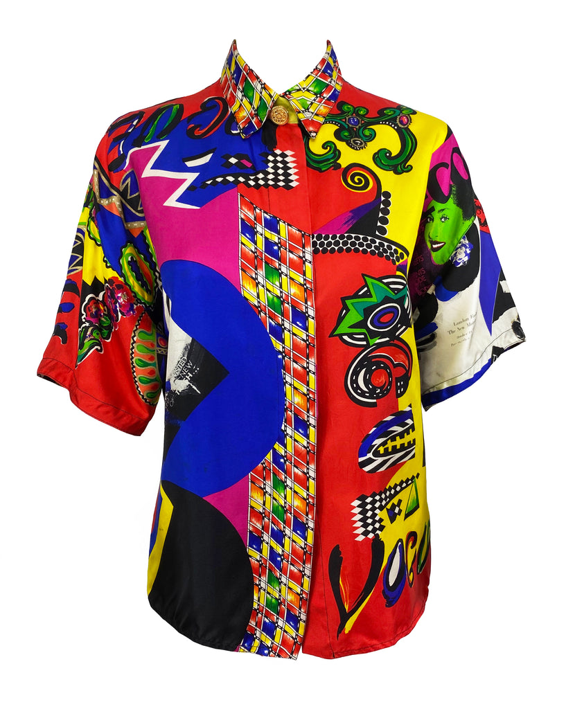 FRUIT Vintage Gianni Versace Vogue print silk short sleeve shirt from the Spring 1991 collection (as worn by Christy Turlington on the Runway). It features the iconic Vogue print in large scale all over and gold feature button on collar.