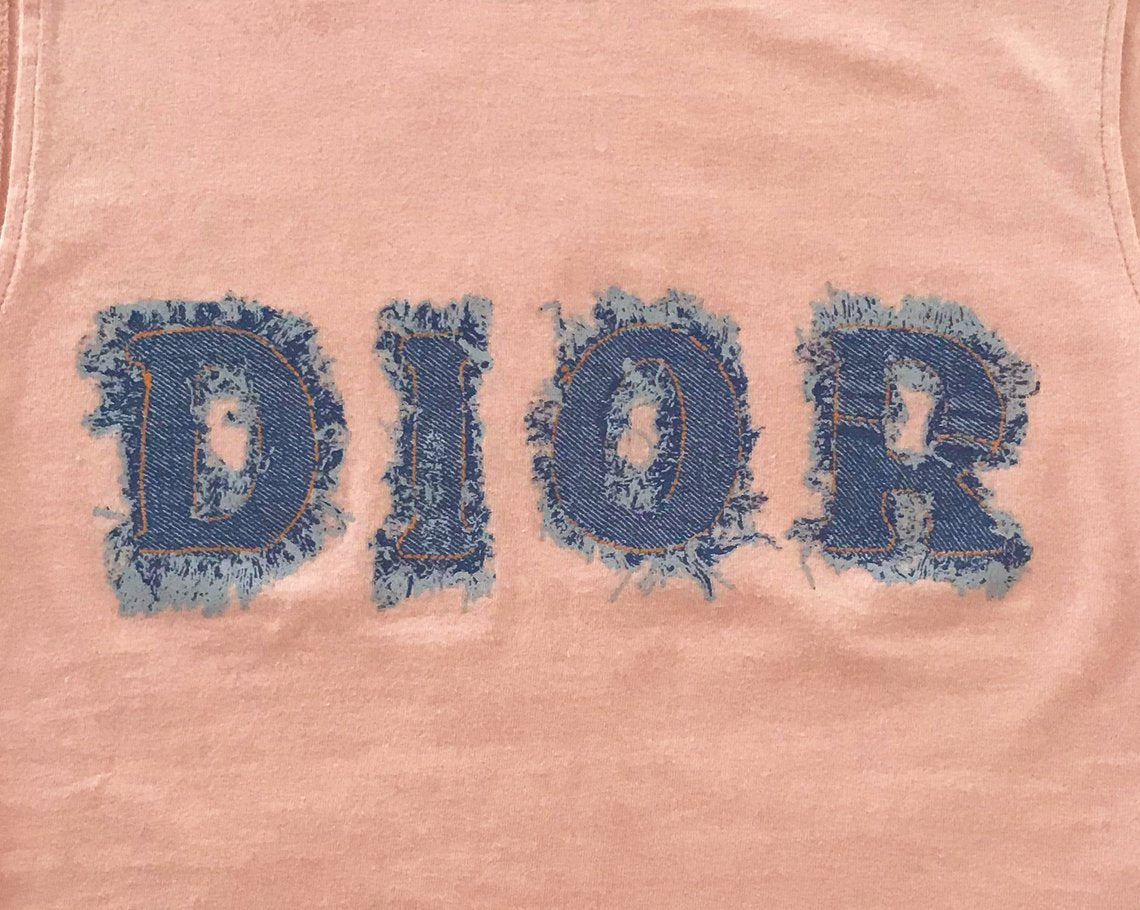 Fruit Vintage Christian Dior Pink Logo tank top dating to the Galliano era Dior, features a Denim look transfer design Monogram.