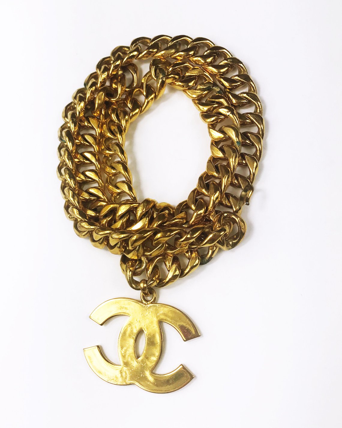 Fruit Vintage Chanel Logo Pendant, rare and important necklace. This style was famously worn by Linda Evangelista in the 1992 'Chanel Hip Hop' collection campaigns.