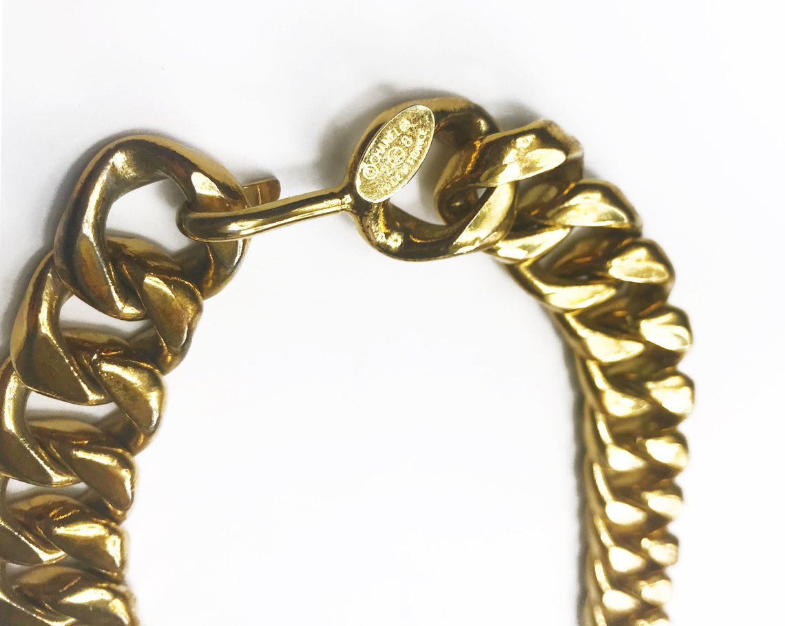 Fruit Vintage Chanel Logo Pendant, rare and important necklace. This style was famously worn by Linda Evangelista in the 1992 'Chanel Hip Hop' collection campaigns.
