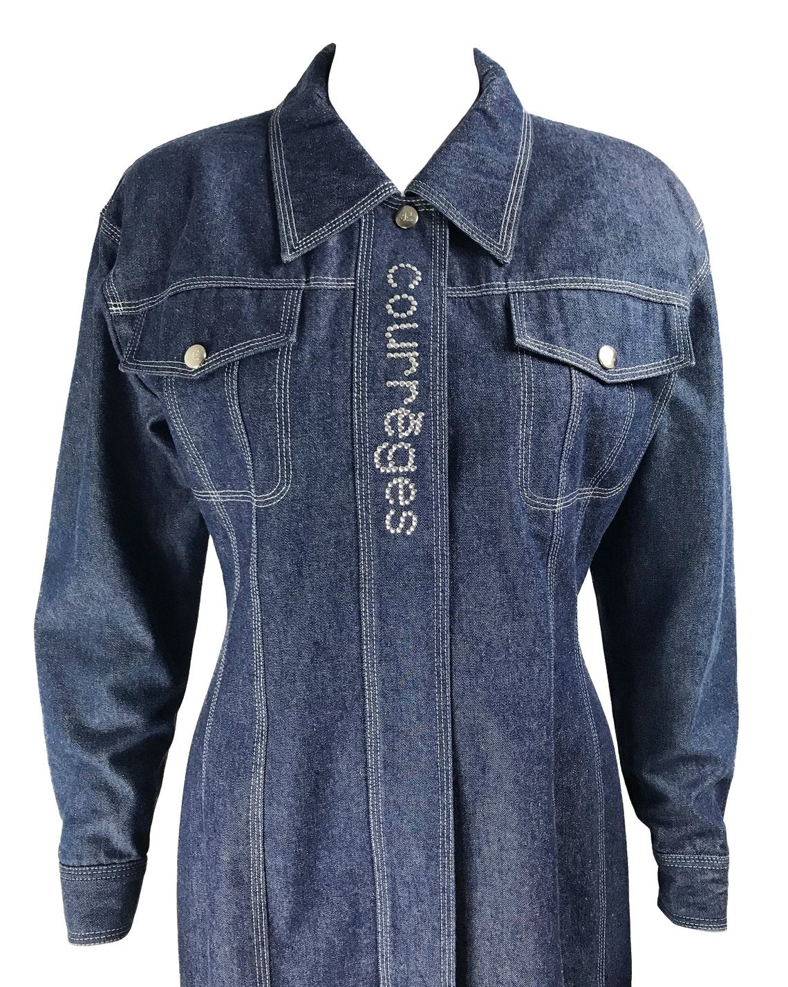 Fruit Vintage Courreges denim logo dress. Features a large silver logo at front, top stitching and logo buttons. Can also be fully unbuttoned and worn as coat/duster jacket.