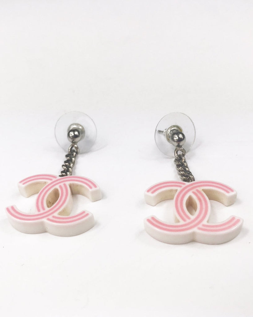 Fruit Vintage Chanel pink and white drop earrings. Features a chain drop and candy style CC logo, comes with original Chanel tag and box.
