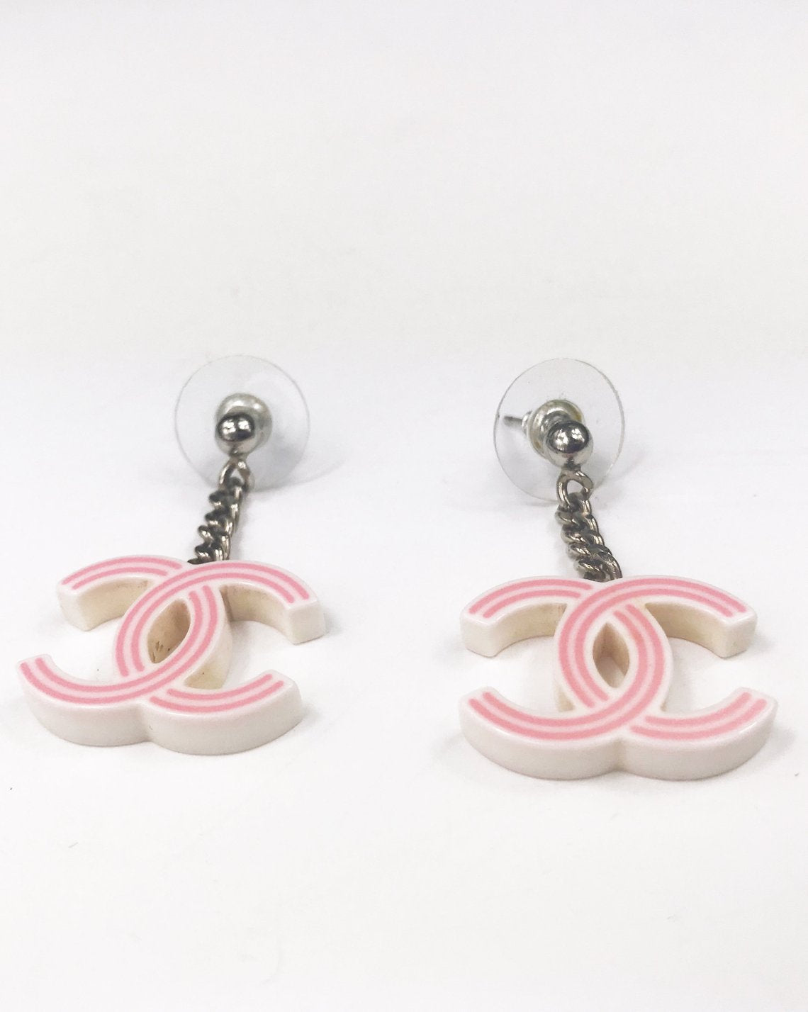 Fruit Vintage Chanel pink and white drop earrings. Features a chain drop and candy style CC logo, comes with original Chanel tag and box.
