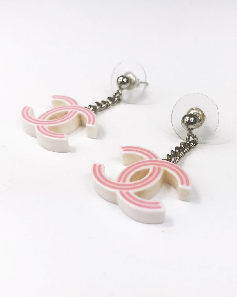 Fruit Vintage Chanel pink and white drop earrings. Features a chain drop and candy style CC logo, comes with original Chanel tag and box.