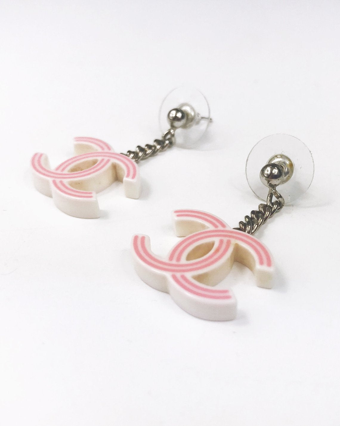 Fruit Vintage Chanel pink and white drop earrings. Features a chain drop and candy style CC logo, comes with original Chanel tag and box.