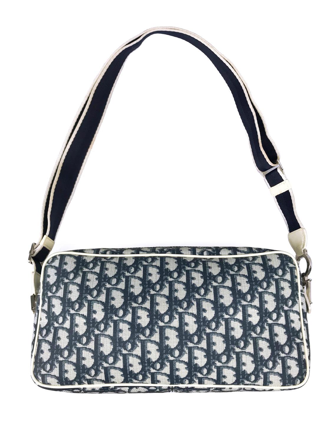 FRUIT vintage iconic Christian Dior by John Galliano navy coated monogram oblique canvas trotter bag with the famous number and racing stripe detailing at front.