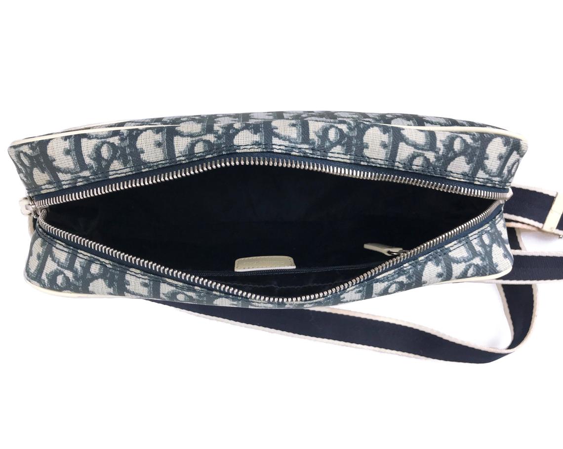 FRUIT vintage iconic Christian Dior by John Galliano navy coated monogram oblique canvas trotter bag with the famous number and racing stripe detailing at front.