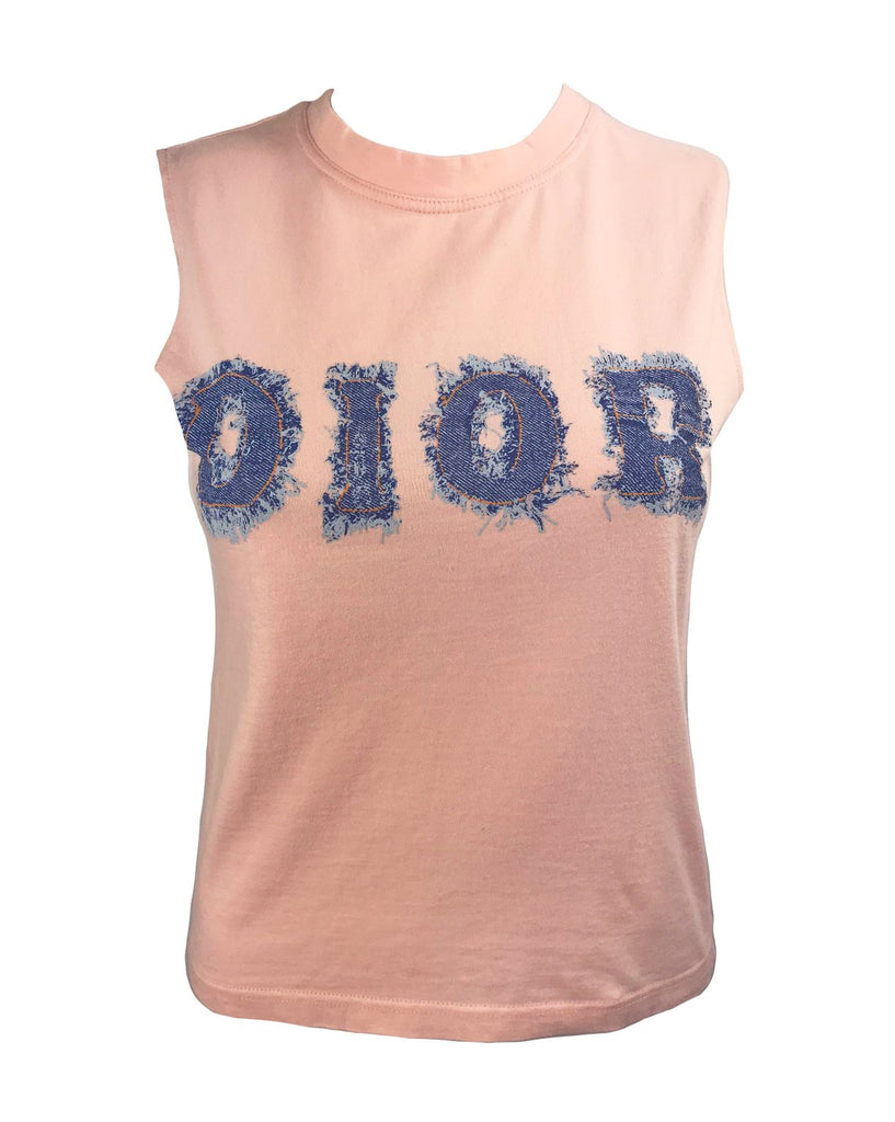Fruit Vintage Christian Dior Pink Logo tank top dating to the Galliano era Dior, features a Denim look transfer design Monogram.