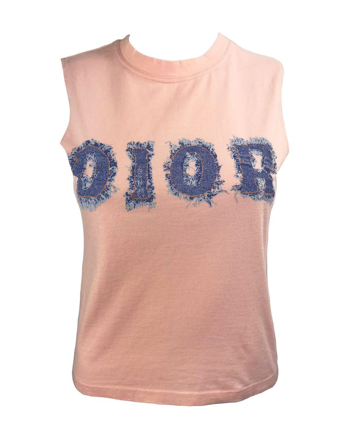 Fruit Vintage Christian Dior Pink Logo tank top dating to the Galliano era Dior, features a Denim look transfer design Monogram.