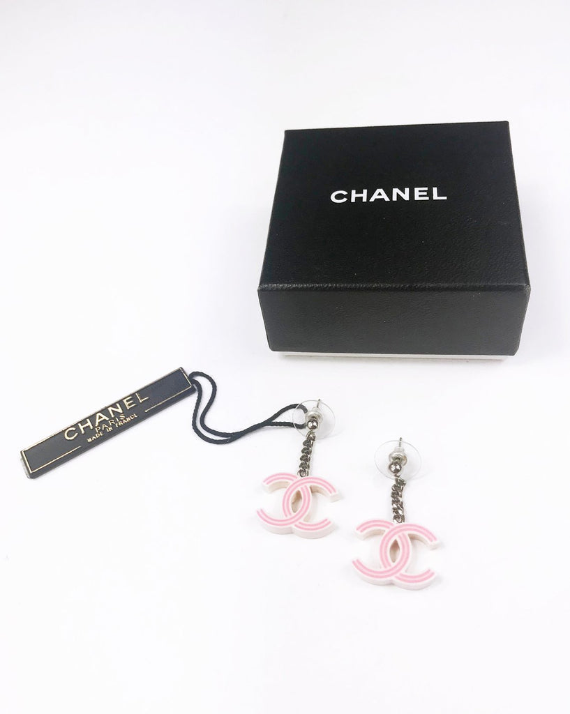 Fruit Vintage Chanel pink and white drop earrings. Features a chain drop and candy style CC logo, comes with original Chanel tag and box.