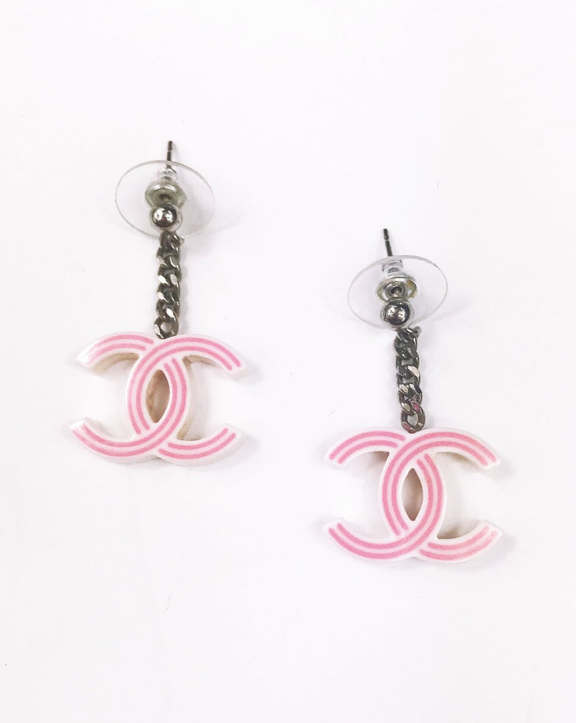 Fruit Vintage Chanel pink and white drop earrings. Features a chain drop and candy style CC logo, comes with original Chanel tag and box.