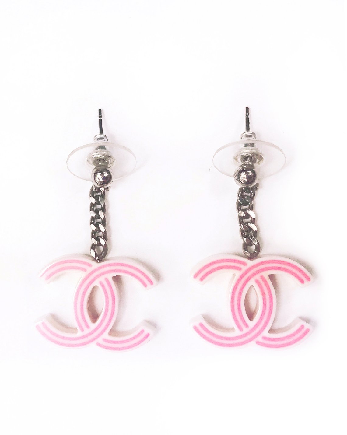 Fruit Vintage Chanel pink and white drop earrings. Features a chain drop and candy style CC logo, comes with original Chanel tag and box.