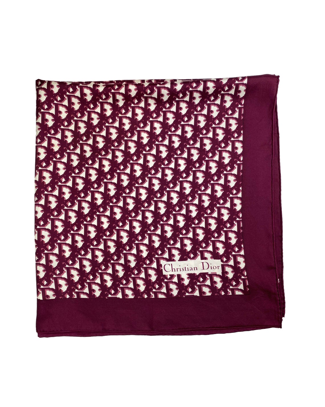 Fruit Vintage Christian Dior oblique print silk scarf in deep red/maroon. Features a bold graphic Dior logo print and hand finished rolled hem edging.