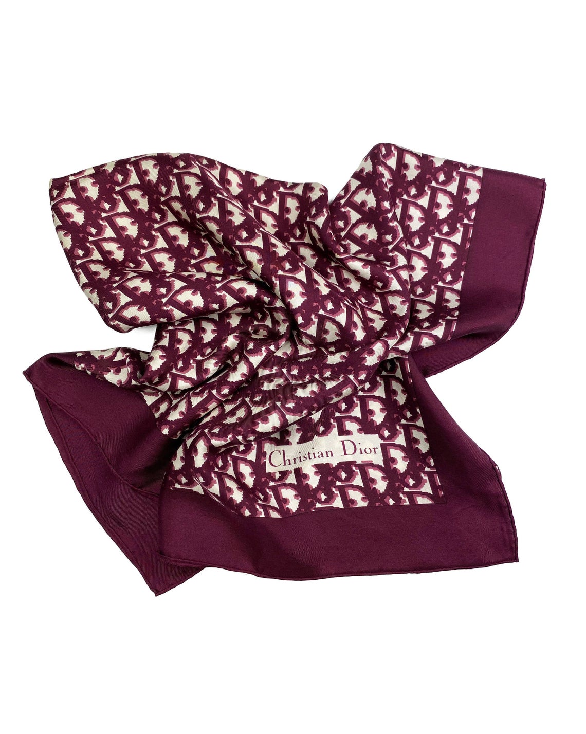 Fruit Vintage Christian Dior oblique print silk scarf in deep red/maroon. Features a bold graphic Dior logo print and hand finished rolled hem edging.