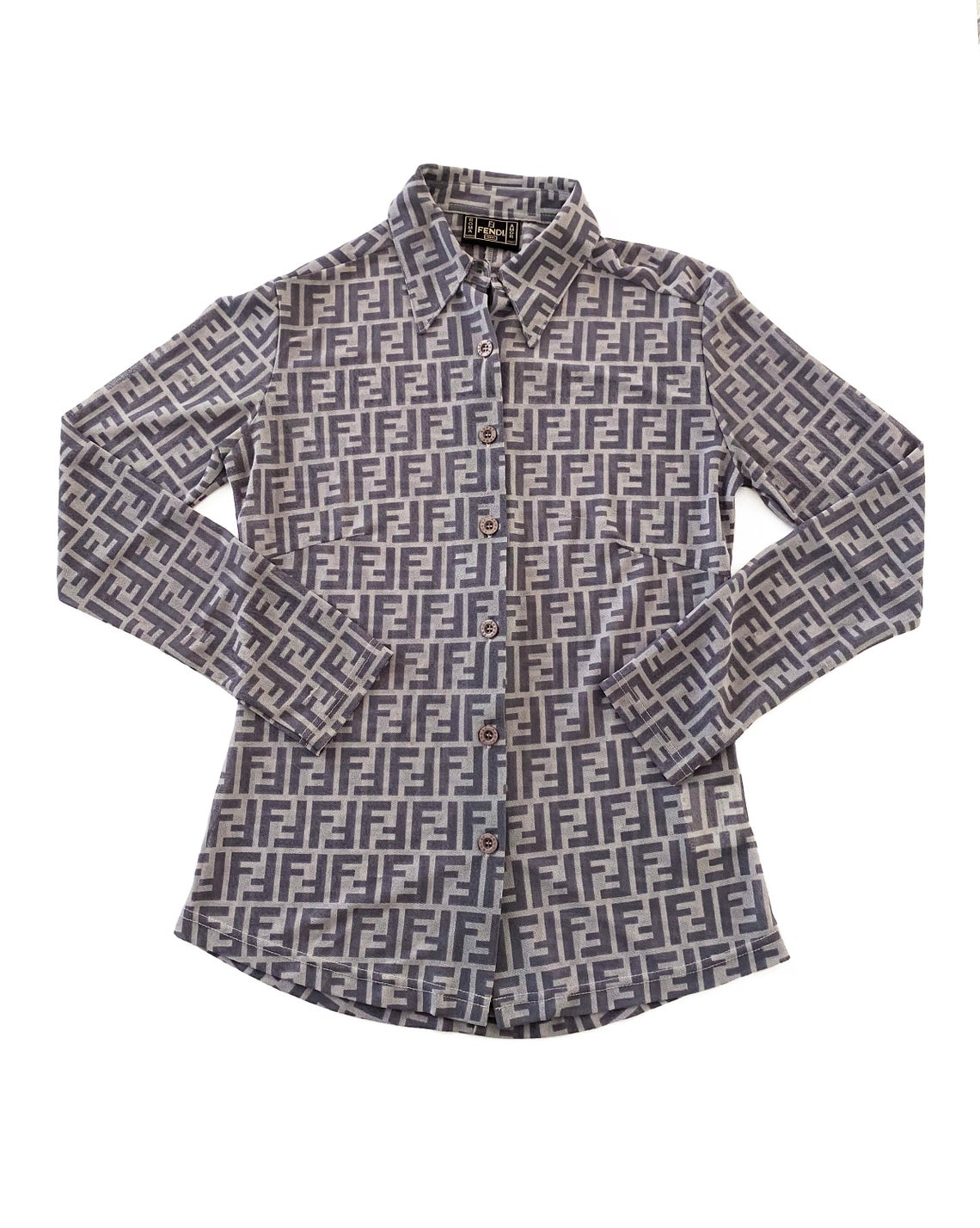 FRUIT Vintage Fendi Zucca print button up shirt dating to the early 90s. This amazing piece is made from a sheer mesh and features a bold Fendi Zucca print in two tone grey.