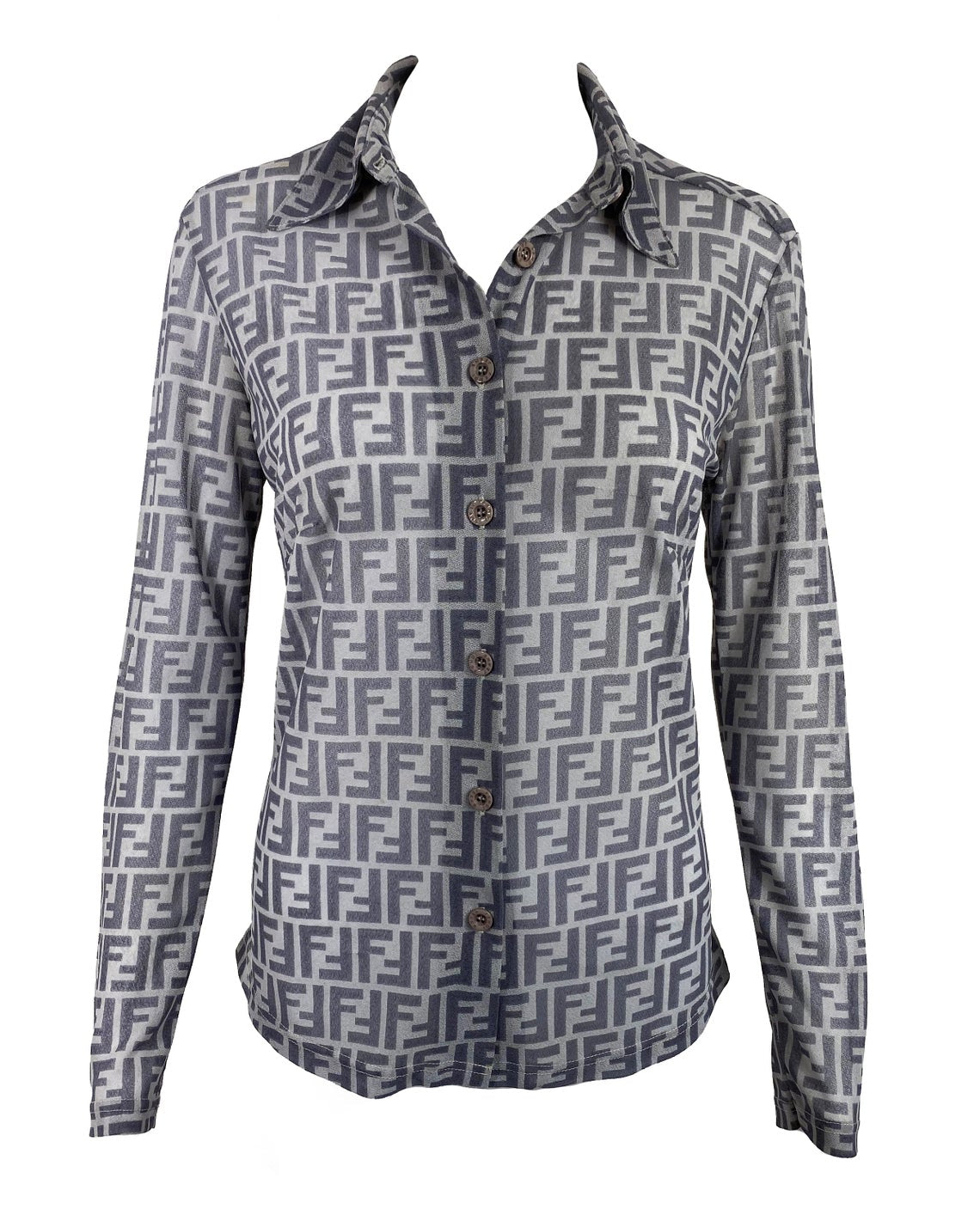 FRUIT Vintage Fendi Zucca print button up shirt dating to the early 90s. This amazing piece is made from a sheer mesh and features a bold Fendi Zucca print in two tone grey.