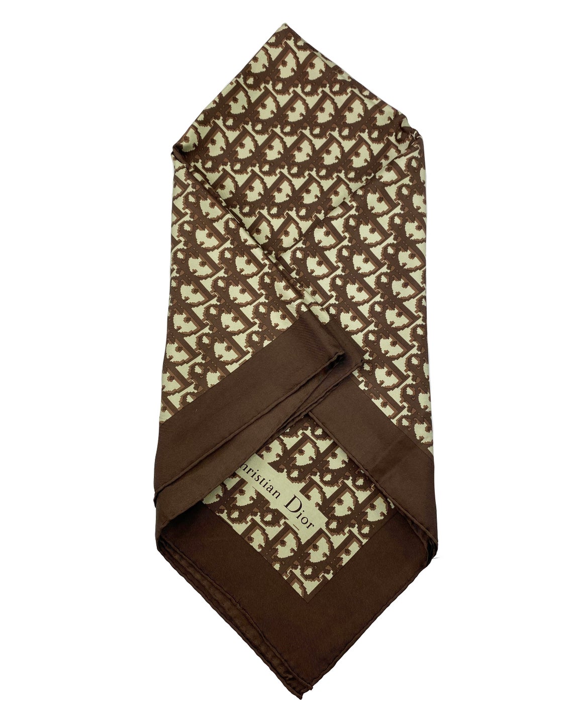 Fruit Vintage Christian Dior oblique print silk scarf in brown. Features a bold graphic Dior logo print and hand finished rolled hem edging.