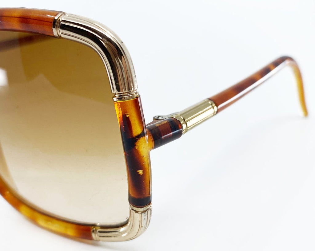 FRUIT Vintage Iconic 1970s Ted Lapidus square oversized sunglasses in a brown tortoise shell colour. Made in France, brown smokey lenses and gold trim