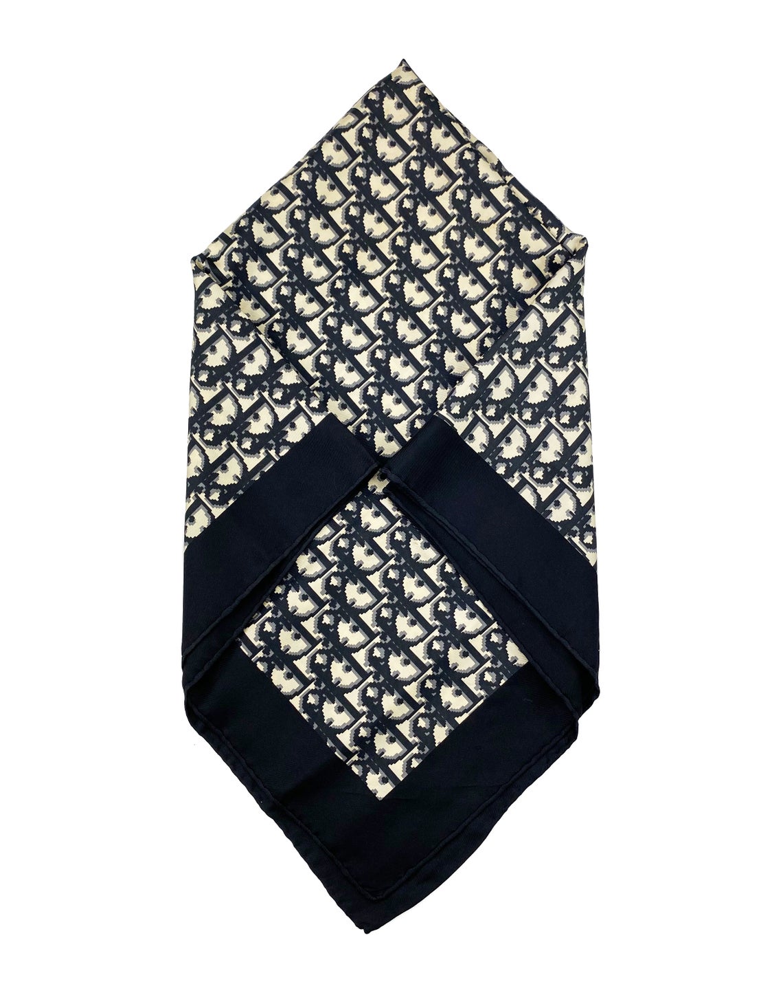 Fruit Vintage Christian Dior oblique print silk scarf in black and grey. Features a bold graphic Dior logo print and hand finished rolled hem edging.