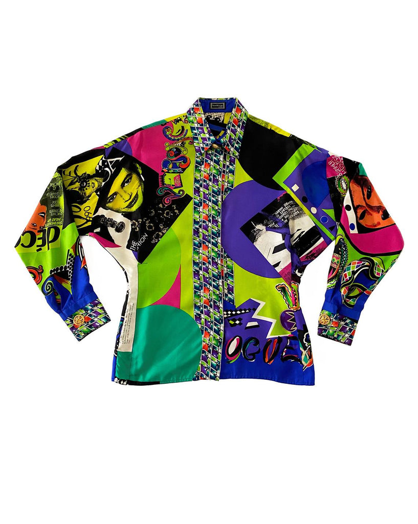 FRUIT Vintage Gianni Versace rare Vogue print silk shirt from the Spring 1991 collection. This is a very special, museum worthy piece! It features the iconic Vogue print in large scale all over and gold feature buttons on collar and cuff.