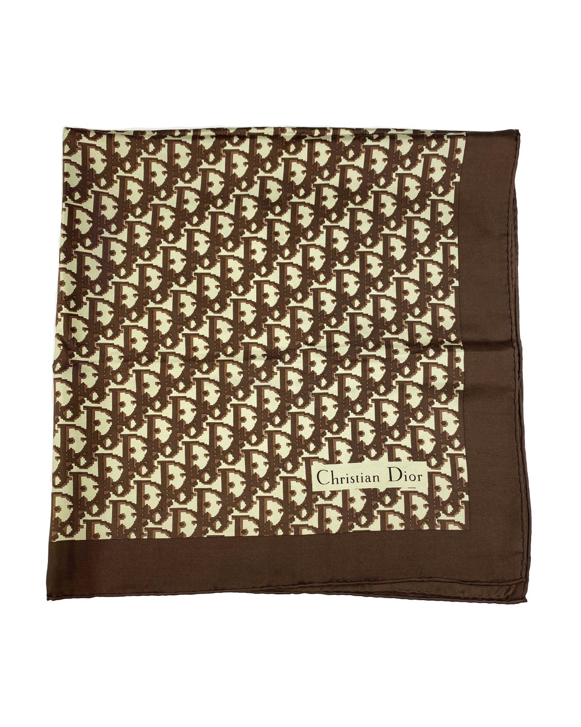Fruit Vintage Christian Dior oblique print silk scarf in brown. Features a bold graphic Dior logo print and hand finished rolled hem edging.