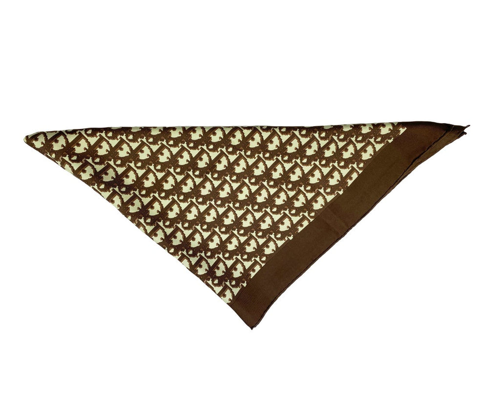 Fruit Vintage Christian Dior oblique print silk scarf in brown. Features a bold graphic Dior logo print and hand finished rolled hem edging.