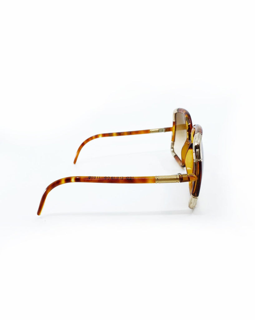 FRUIT Vintage Iconic 1970s Ted Lapidus square oversized sunglasses in a brown tortoise shell colour. Made in France, brown smokey lenses and gold trim