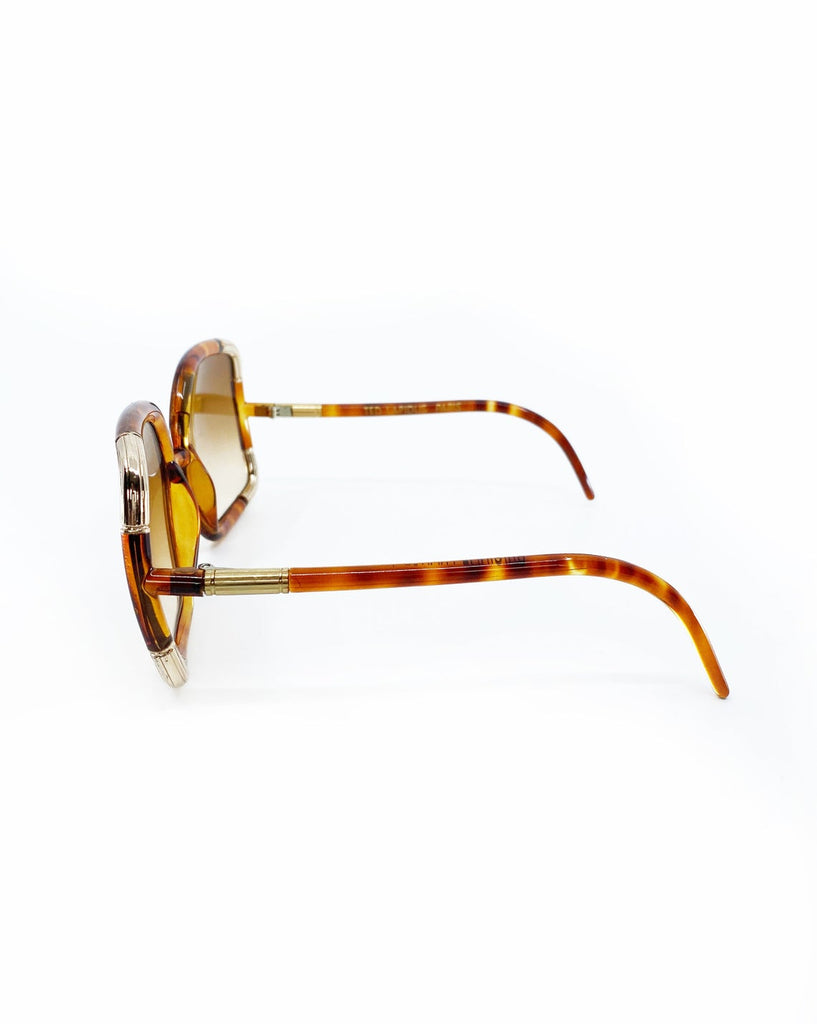 FRUIT Vintage Iconic 1970s Ted Lapidus square oversized sunglasses in a brown tortoise shell colour. Made in France, brown smokey lenses and gold trim