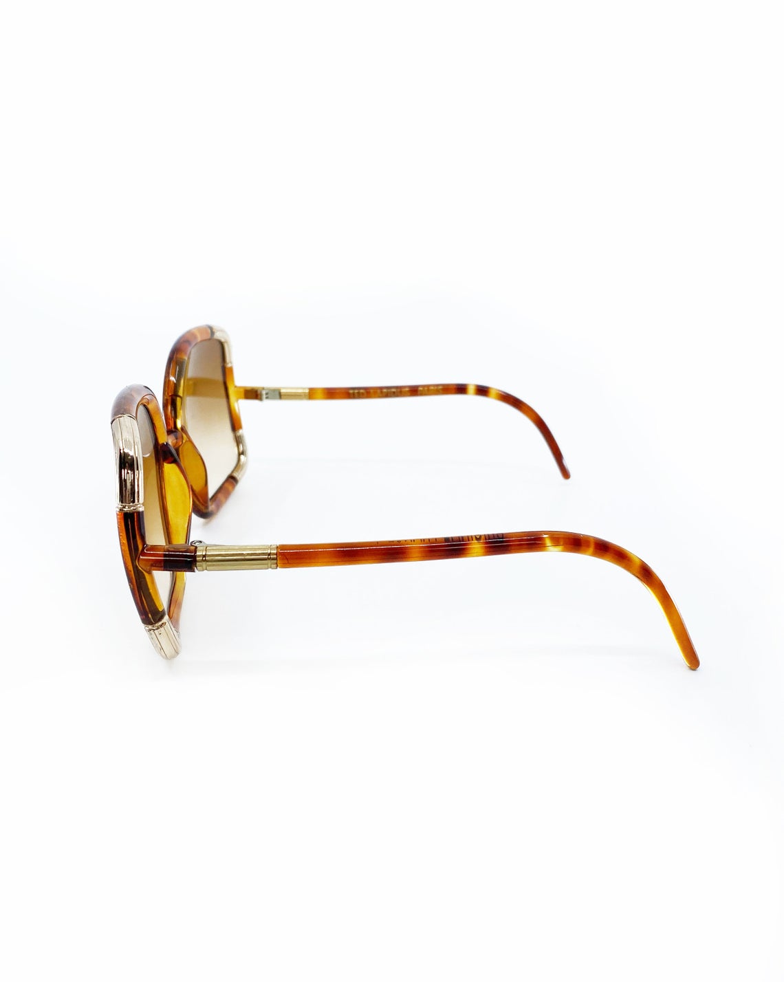 FRUIT Vintage Iconic 1970s Ted Lapidus square oversized sunglasses in a brown tortoise shell colour. Made in France, brown smokey lenses and gold trim