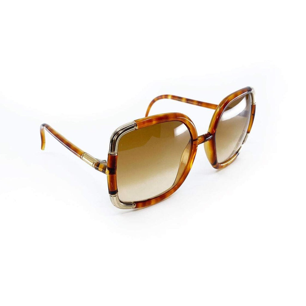 FRUIT Vintage Iconic 1970s Ted Lapidus square oversized sunglasses in a brown tortoise shell colour. Made in France, brown smokey lenses and gold trim