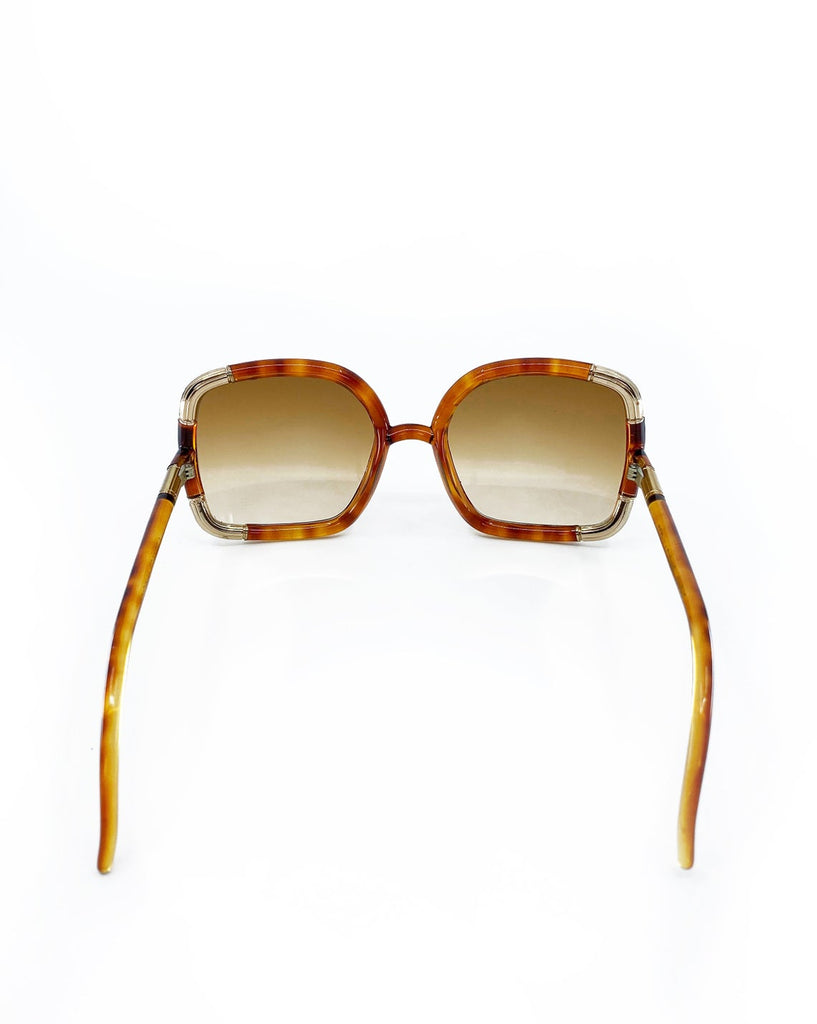 FRUIT Vintage Iconic 1970s Ted Lapidus square oversized sunglasses in a brown tortoise shell colour. Made in France, brown smokey lenses and gold trim
