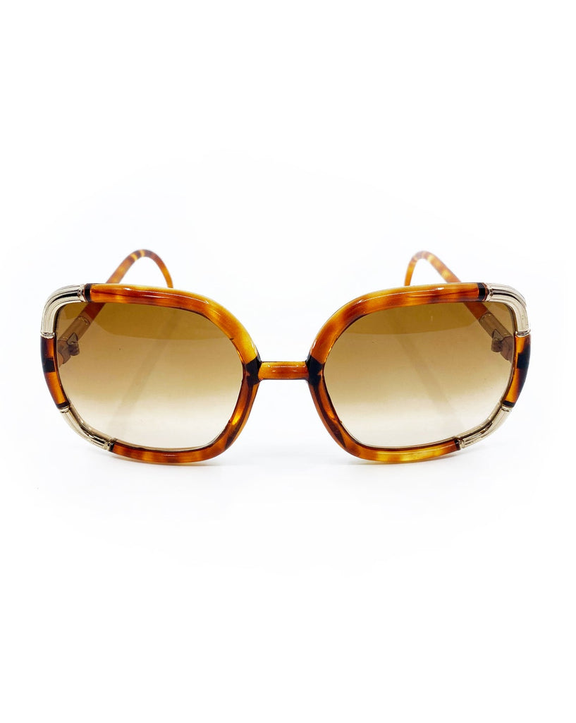 FRUIT Vintage Iconic 1970s Ted Lapidus square oversized sunglasses in a brown tortoise shell colour. Made in France, brown smokey lenses and gold trim