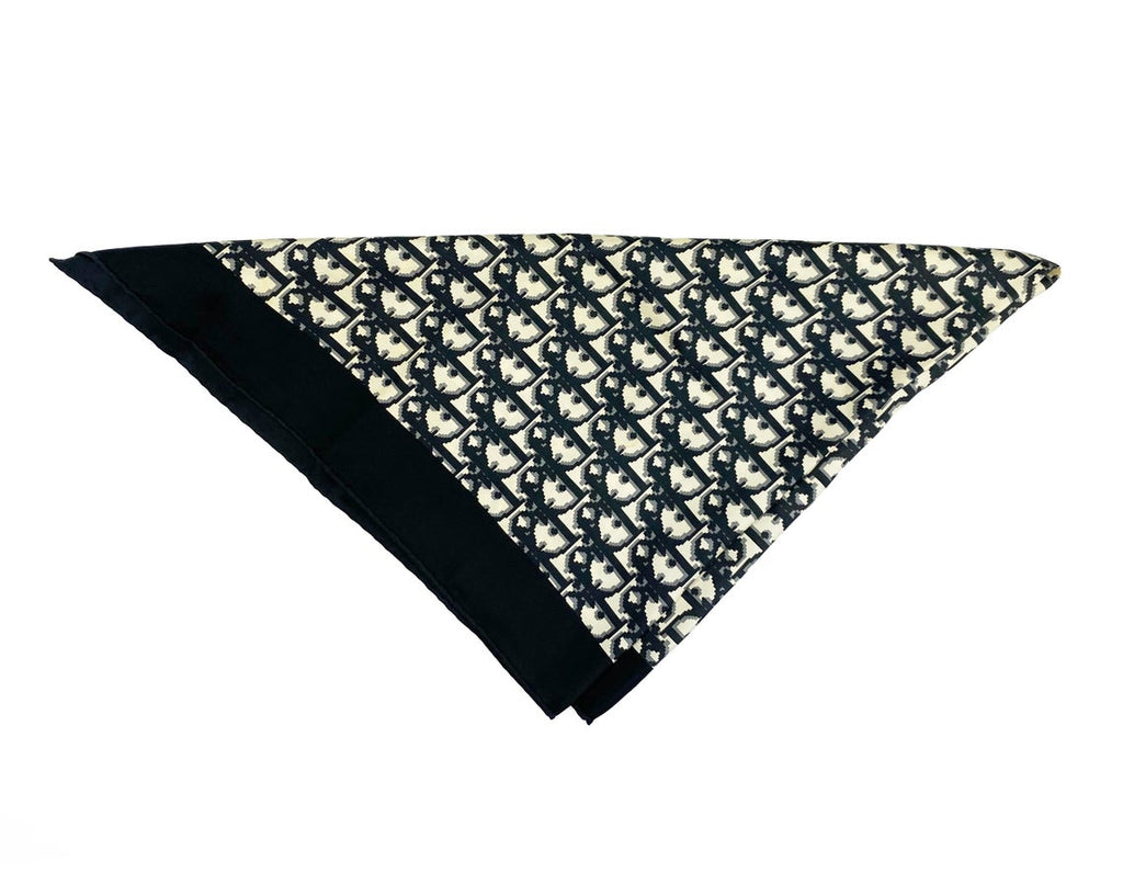 Fruit Vintage Christian Dior oblique print silk scarf in black and grey. Features a bold graphic Dior logo print and hand finished rolled hem edging.