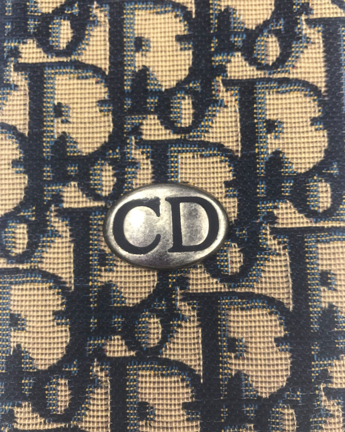 FRUIT vintage Christian Dior navy monogram logo eye mask and case set in mint/unused condition, dating to the 1980s. Features the classic Christian Dior trotter/oblique print all over and satin trim.