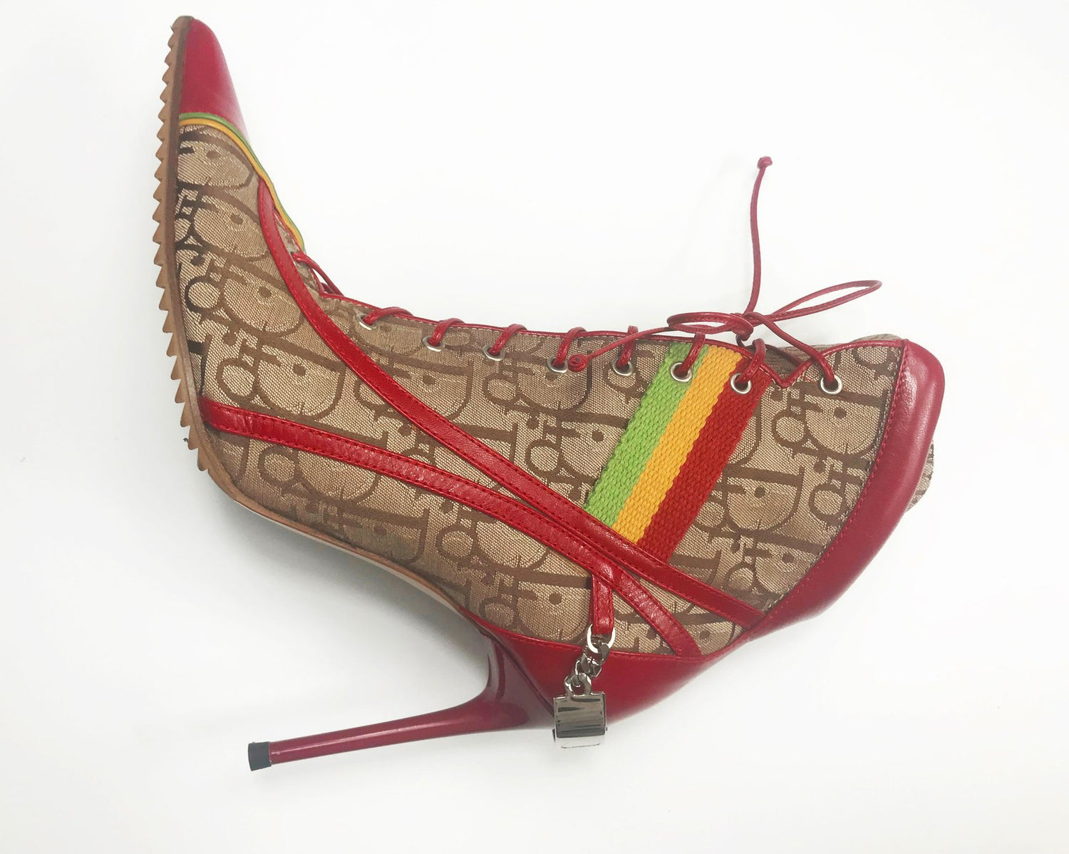 Fruit Vintage Christian Dior Rasta ankle boots, trotter monogram logo booties. Designed by John Galliano, they feature oblique logo print, lace up closure with leather laces, red leather trim and a large silver logo plate at rear.