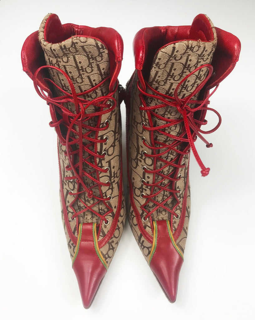 Fruit Vintage Christian Dior Rasta ankle boots, trotter monogram logo booties. Designed by John Galliano, they feature oblique logo print, lace up closure with leather laces, red leather trim and a large silver logo plate at rear.