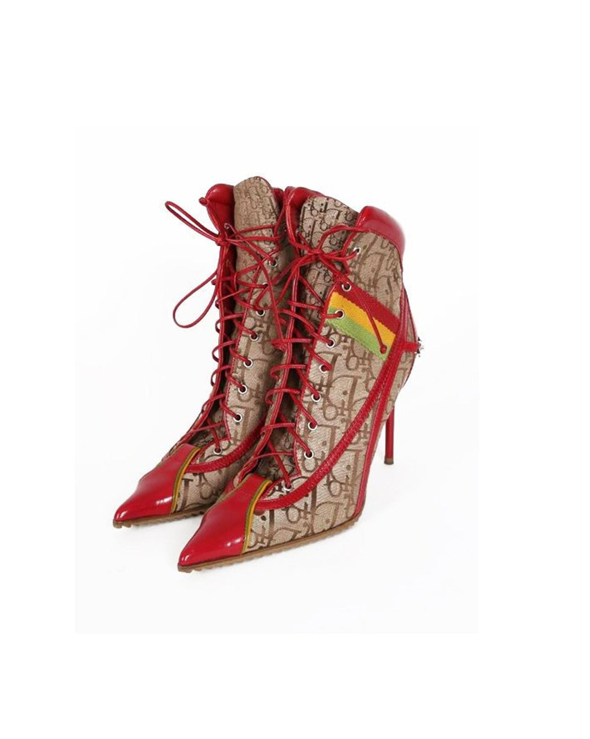 Fruit Vintage Christian Dior Rasta ankle boots, trotter monogram logo booties. Designed by John Galliano, they feature oblique logo print, lace up closure with leather laces, red leather trim and a large silver logo plate at rear.