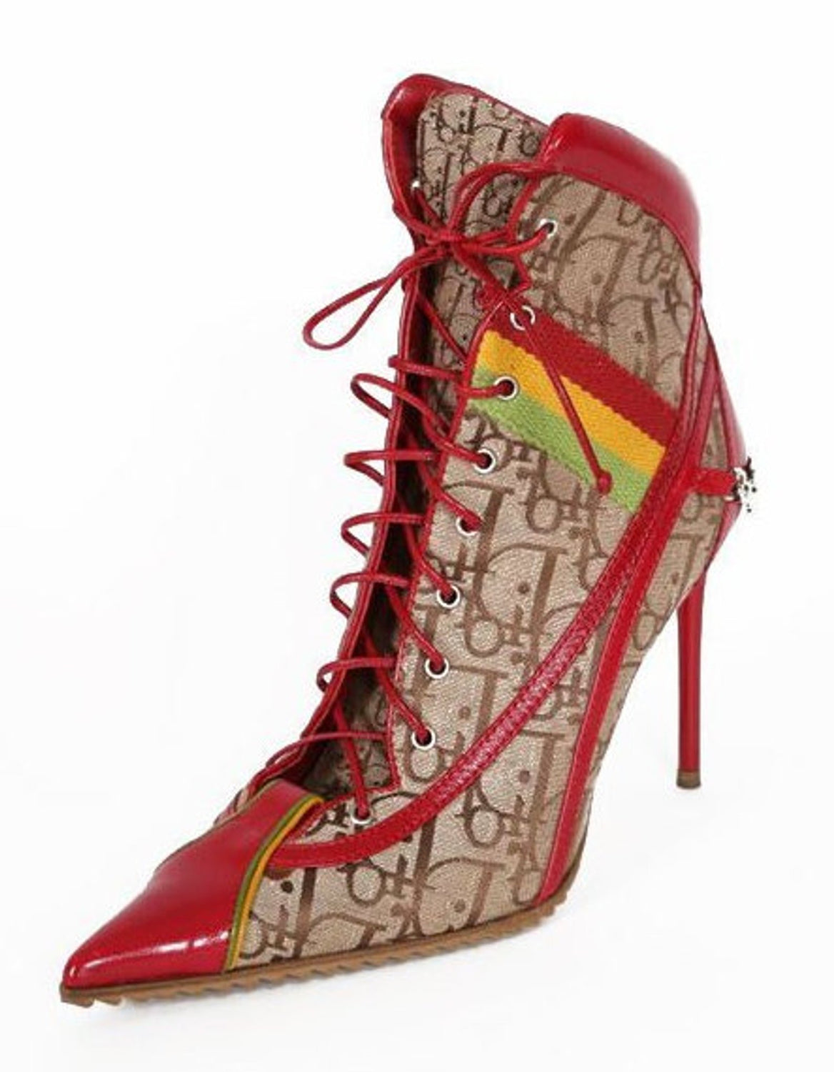 Fruit Vintage Christian Dior Rasta ankle boots, trotter monogram logo booties. Designed by John Galliano, they feature oblique logo print, lace up closure with leather laces, red leather trim and a large silver logo plate at rear.