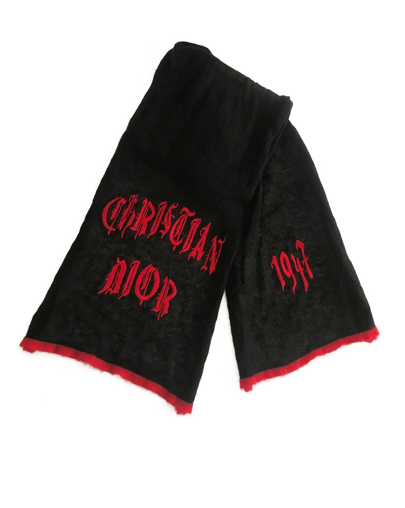 FRUIT Vintage Christian Dior gothic logo monogram mohair knitted scarf. Features a large graphic Christian Dior logo embroidered on one end and 1947 on the other.