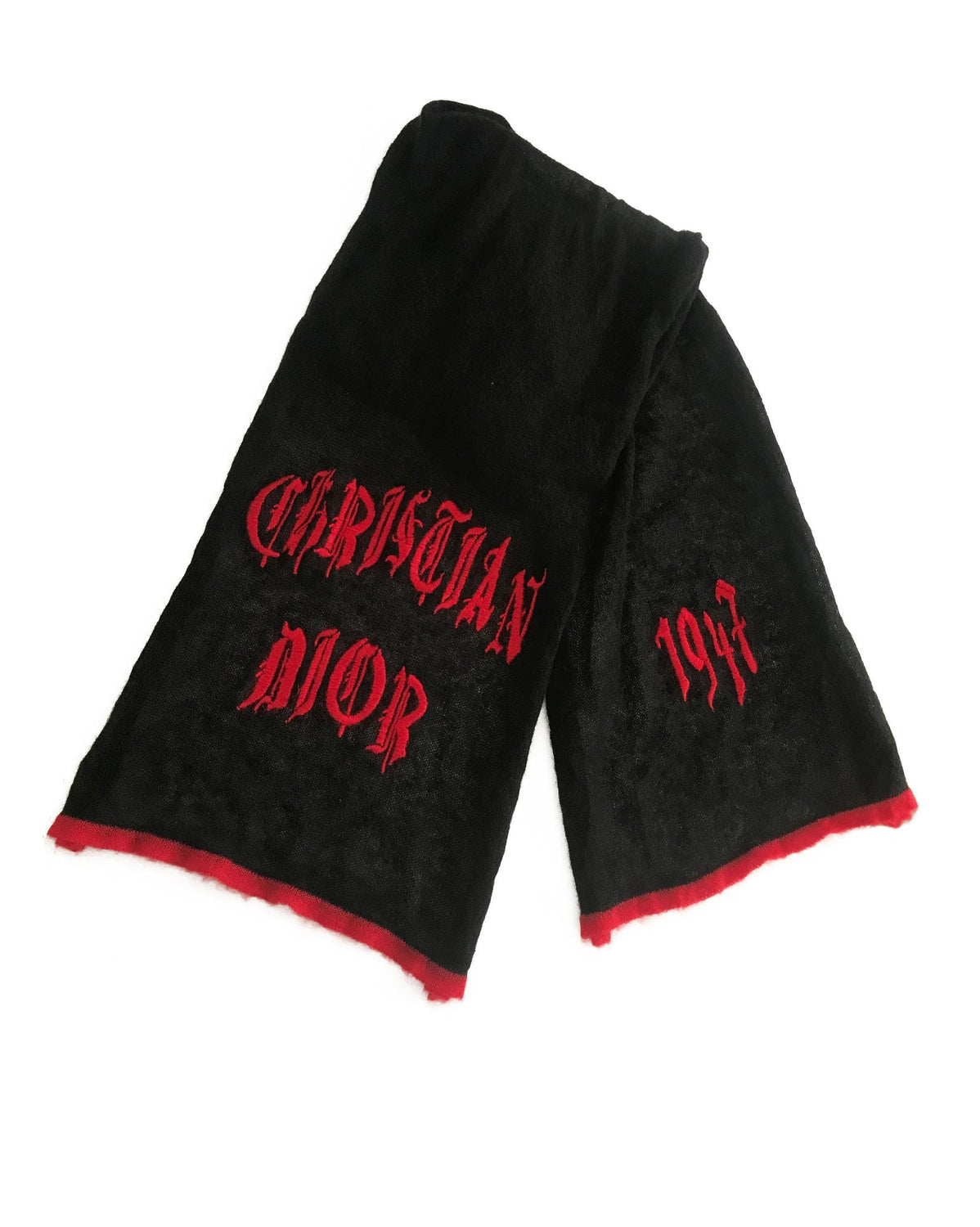 FRUIT Vintage Christian Dior gothic logo monogram mohair knitted scarf. Features a large graphic Christian Dior logo embroidered on one end and 1947 on the other.