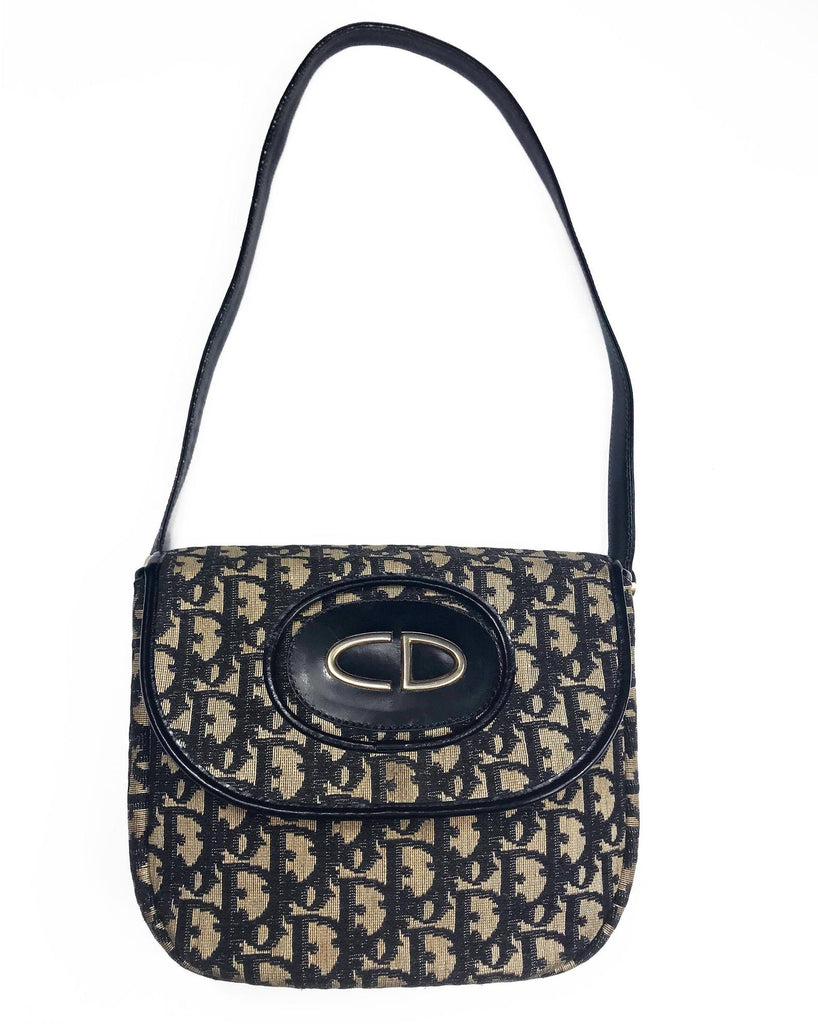 FRUIT Vintage Rare Christian Dior 1970s Monogram Oblique Print Trotter Canvas Satchel Bag with large CD logo.