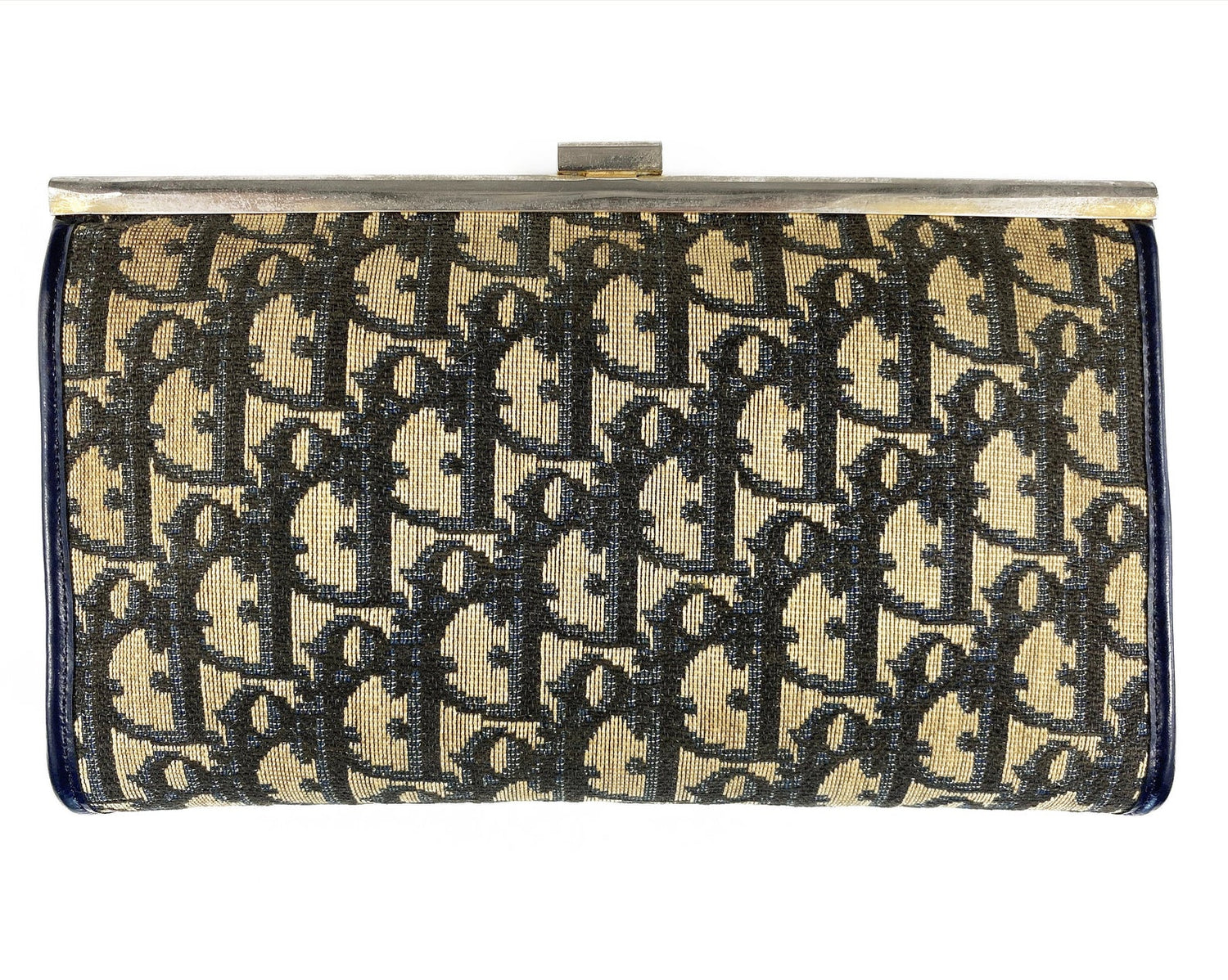 Fruit Vintage 1970s Christian Dior clutch bag with navy logo print canvas and featuring the iconic Dior 70's CD logo and gold hardware clip top closure