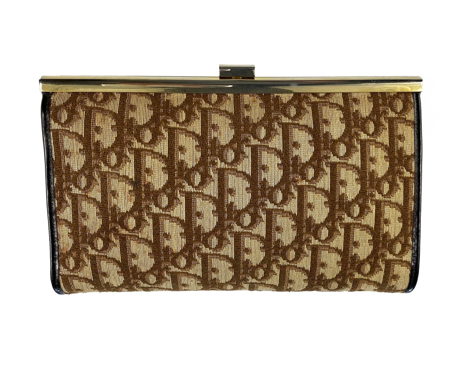 Fruit Vintage 1970s Christian Dior clutch bag with brown logo print canvas and featuring the iconic Dior 70's CD logo and gold hardware clip top closure